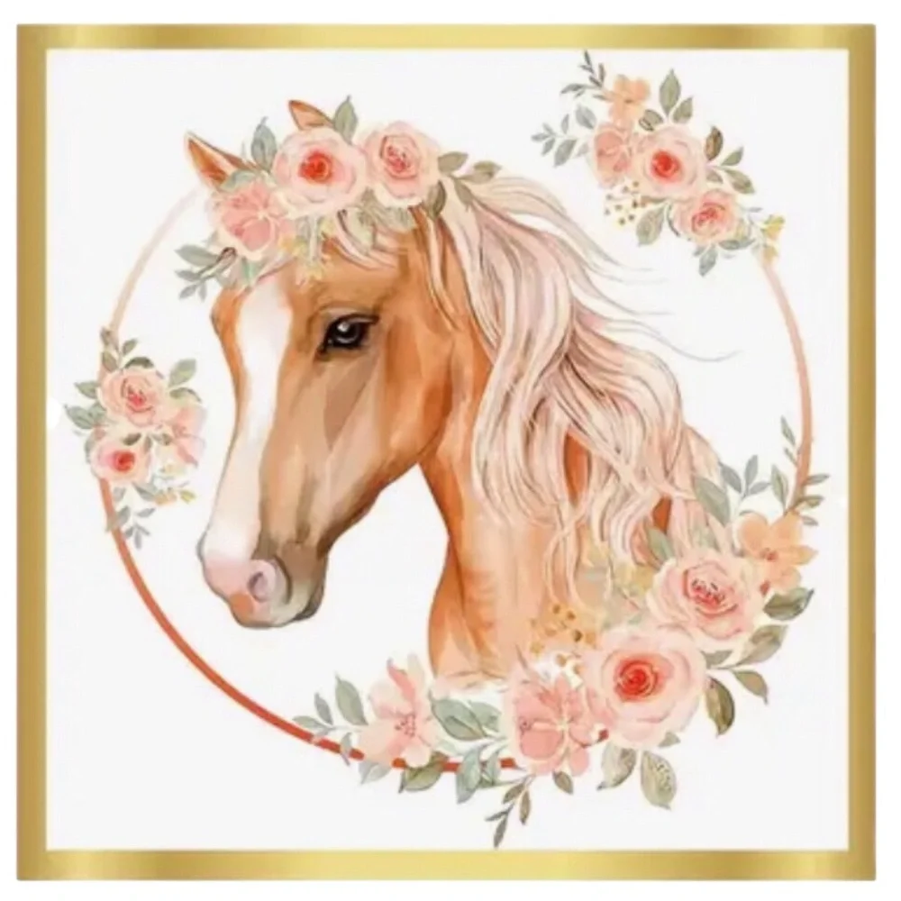Floral Horse Luncheon Napkins in Gold and Pink, 10 ct